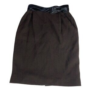 Escada Brown Black Houndstooth Wool Satin‎ Waist Bow Pencil Skirt Vintage Size L
